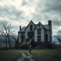 A haunting book cover featuring a large, ancient mansion in the foreground, showcasing prominent cracks in its weathered façade and overgrown vegetation enveloping its base