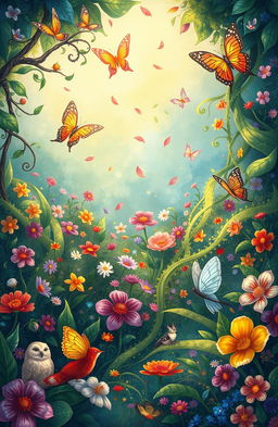 Whimsical, dreamlike illustration of an enchanting garden filled with colorful flowers, twisting vines, and shimmering butterflies