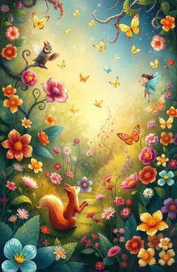 Whimsical, dreamlike illustration of an enchanting garden filled with colorful flowers, twisting vines, and shimmering butterflies