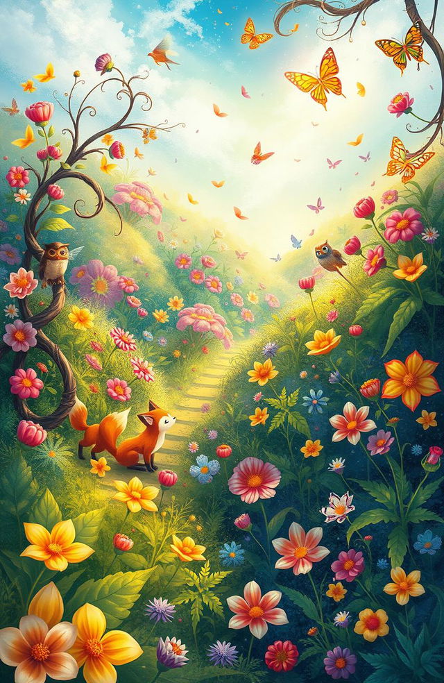 Whimsical, dreamlike illustration of an enchanting garden filled with colorful flowers, twisting vines, and shimmering butterflies