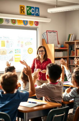 A lively classroom scene showing a dedicated teacher engaging with a diverse group of enthusiastic students