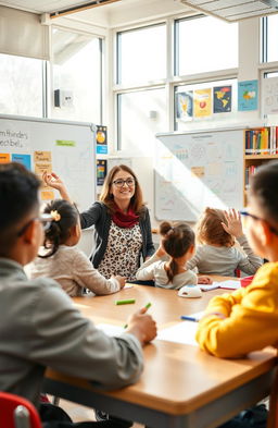 A lively classroom scene showing a dedicated teacher engaging with a diverse group of enthusiastic students