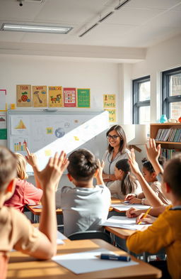 A lively classroom scene showing a dedicated teacher engaging with a diverse group of enthusiastic students