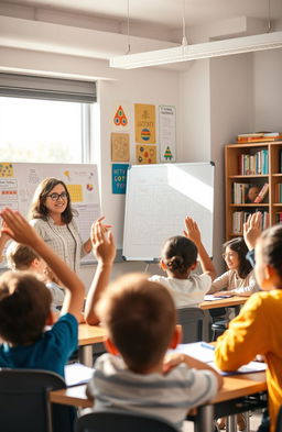A lively classroom scene showing a dedicated teacher engaging with a diverse group of enthusiastic students
