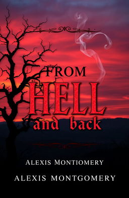 A striking book cover design for "From Hell and Back" by Alexis Montgomery, featuring a hauntingly beautiful landscape at dusk