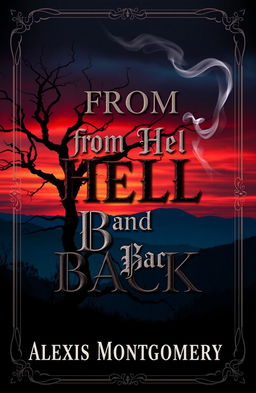 A striking book cover design for "From Hell and Back" by Alexis Montgomery, featuring a hauntingly beautiful landscape at dusk