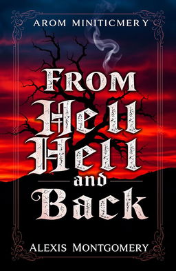A striking book cover design for "From Hell and Back" by Alexis Montgomery, featuring a hauntingly beautiful landscape at dusk