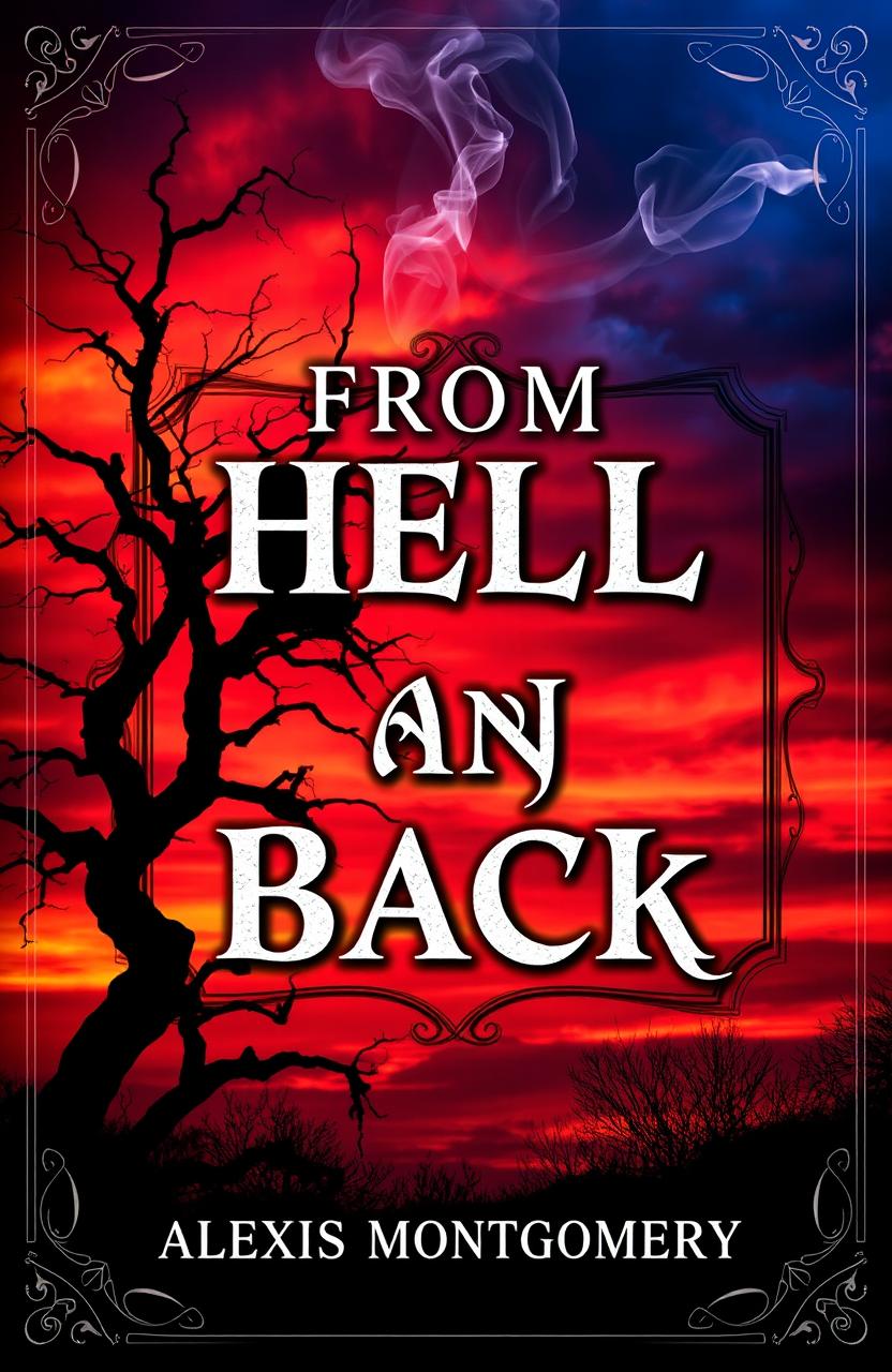 A striking book cover design for "From Hell and Back" by Alexis Montgomery, featuring a hauntingly beautiful landscape at dusk