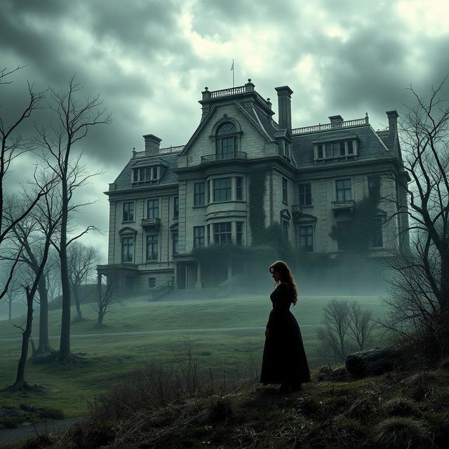 A haunting book cover depicting a large, ancient mansion showcasing cracks and overgrown vegetation, set against a somber landscape filled with barren trees under a cloudy, melancholic sky