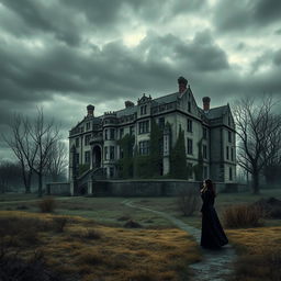 A haunting book cover depicting a large, ancient mansion showcasing cracks and overgrown vegetation, set against a somber landscape filled with barren trees under a cloudy, melancholic sky