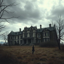 A haunting book cover depicting a large, ancient mansion showcasing cracks and overgrown vegetation, set against a somber landscape filled with barren trees under a cloudy, melancholic sky
