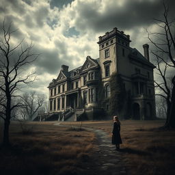 A haunting book cover depicting a large, ancient mansion showcasing cracks and overgrown vegetation, set against a somber landscape filled with barren trees under a cloudy, melancholic sky