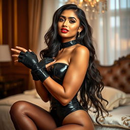A beautiful Indian woman dressed in a stylish latex outfit that includes garter gloves and seamed stockings