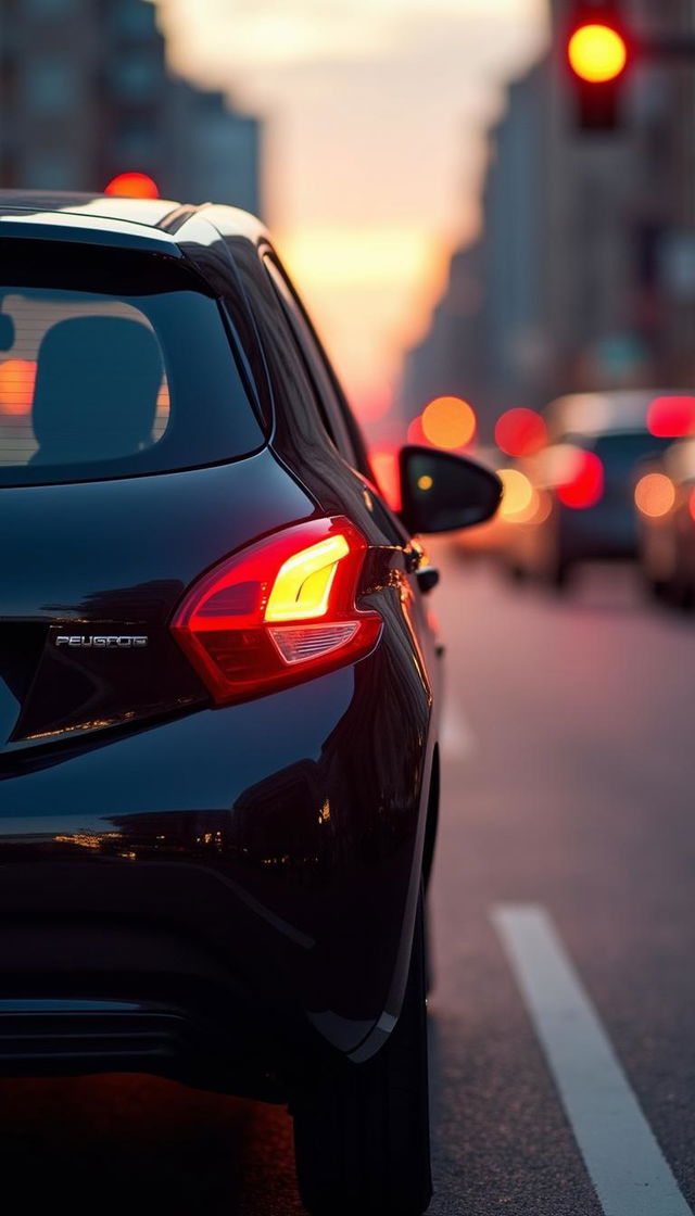 A remote rear view of a stylish Peugeot 208, showcasing its sleek design and modern lines, waiting patiently at an amber traffic light