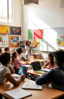 A vibrant and engaging classroom scene featuring diverse students actively participating in a lively discussion