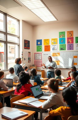 A vibrant and engaging classroom scene featuring diverse students actively participating in a lively discussion