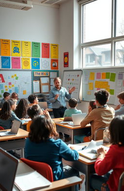 A vibrant and engaging classroom scene featuring diverse students actively participating in a lively discussion