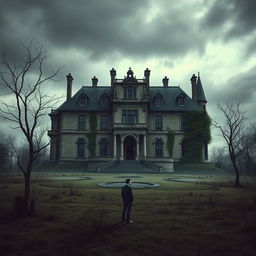 A haunting book cover depicting a large, ancient mansion showcasing cracks and overgrown vegetation, set against a somber landscape filled with barren trees under a cloudy, melancholic sky