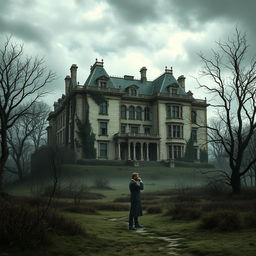 A haunting book cover depicting a large, ancient mansion showcasing cracks and overgrown vegetation, set against a somber landscape filled with barren trees under a cloudy, melancholic sky