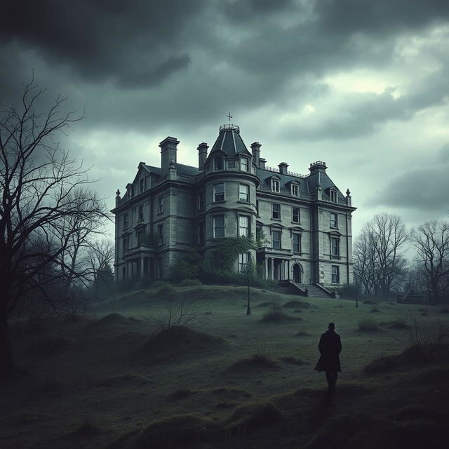 A haunting book cover depicting a large, ancient mansion showcasing cracks and overgrown vegetation, set against a somber landscape filled with barren trees under a cloudy, melancholic sky