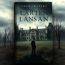 A haunting book cover depicting a large, ancient mansion showcasing cracks and overgrown vegetation, set against a somber landscape filled with barren trees under a cloudy, melancholic sky