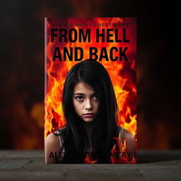 A captivating book cover design for "From Hell and Back" by Alexis Montgomery, featuring a young adult girl with long black hair that cascades down her shoulders
