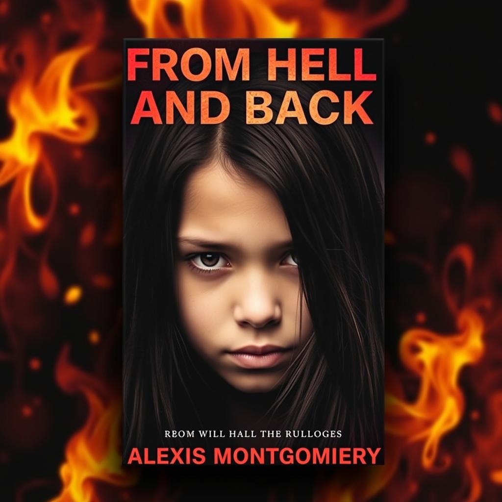 A captivating book cover design for "From Hell and Back" by Alexis Montgomery, featuring a young adult girl with long black hair that cascades down her shoulders