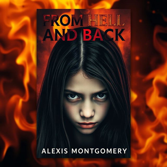 A captivating book cover design for "From Hell and Back" by Alexis Montgomery, featuring a young adult girl with long black hair that cascades down her shoulders