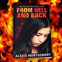 A captivating book cover design for "From Hell and Back" by Alexis Montgomery, featuring a young adult girl with long black hair that cascades down her shoulders