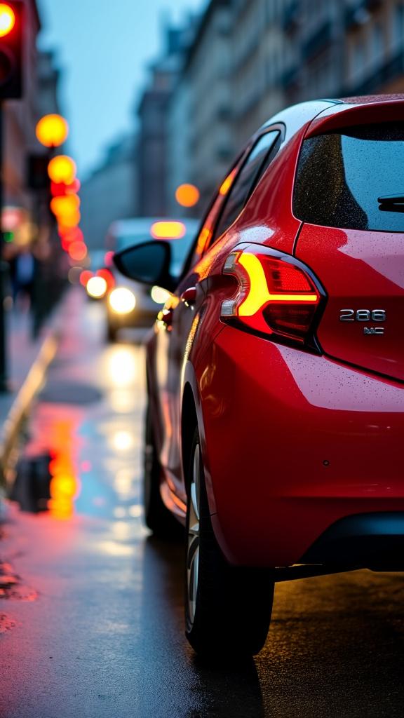 A stylish Peugeot 208 from a remote rear view, parked at an amber traffic light