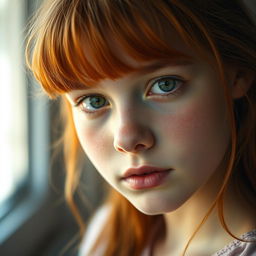 A realistic depiction of a beautiful girl with vibrant ginger hair, capturing her stunning features and expressive eyes