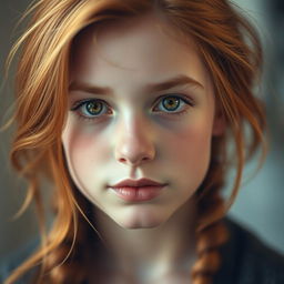 A realistic depiction of a beautiful girl with vibrant ginger hair, capturing her stunning features and expressive eyes