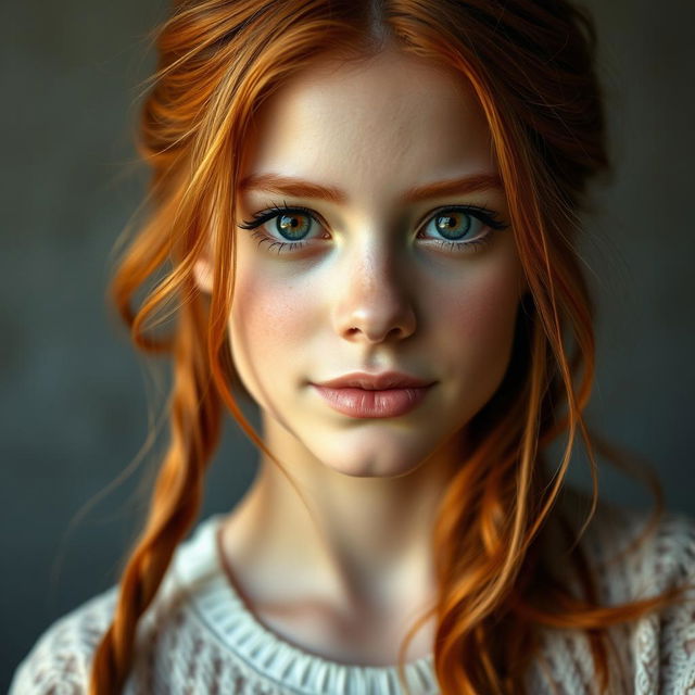 A realistic depiction of a beautiful girl with vibrant ginger hair, capturing her stunning features and expressive eyes