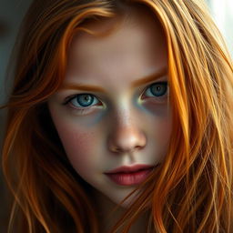 A realistic depiction of a beautiful girl with vibrant ginger hair, capturing her stunning features and expressive eyes