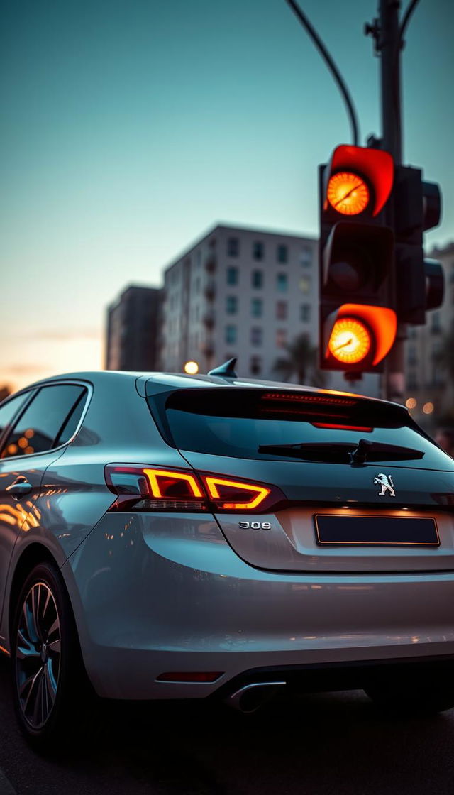 A stylish Peugeot 308 captured from a remote rear view, positioned elegantly at an amber traffic light