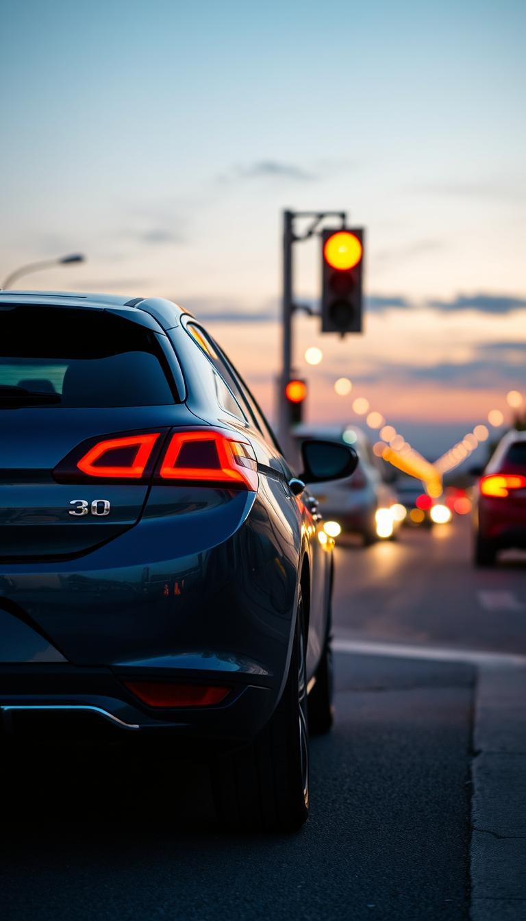 A stylish Peugeot 308 captured from a remote rear view, positioned elegantly at an amber traffic light