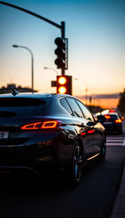 A stylish Peugeot 308 captured from a remote rear view, positioned elegantly at an amber traffic light