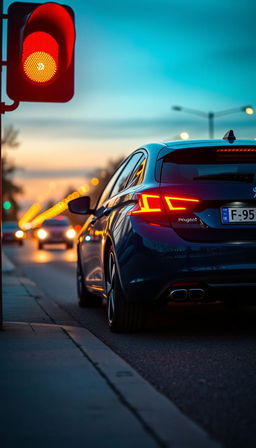 A stylish Peugeot 308 captured from a remote rear view, positioned elegantly at an amber traffic light