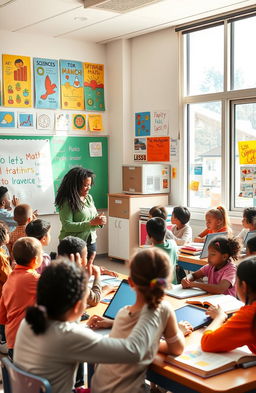 A vibrant and engaging classroom scene filled with diverse students actively participating in various educational activities