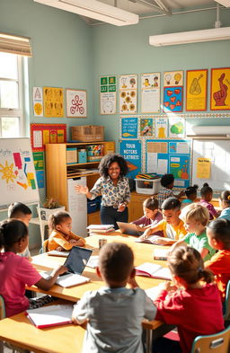 A vibrant and engaging classroom scene filled with diverse students actively participating in various educational activities