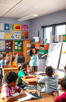 A vibrant and engaging classroom scene filled with diverse students actively participating in various educational activities