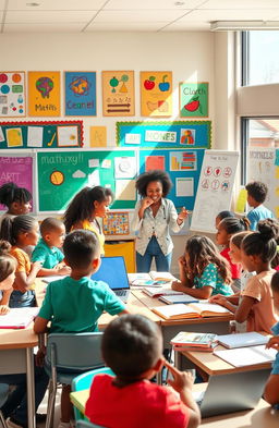 A vibrant and engaging classroom scene filled with diverse students actively participating in various educational activities