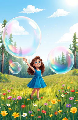 A vibrant illustration of a young girl named Ella embarking on an enchanting adventure with giant bubbles