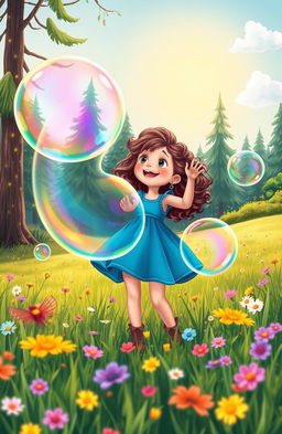 A vibrant illustration of a young girl named Ella embarking on an enchanting adventure with giant bubbles