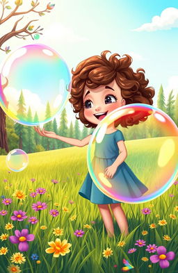 A vibrant illustration of a young girl named Ella embarking on an enchanting adventure with giant bubbles