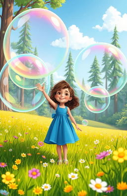 A vibrant illustration of a young girl named Ella embarking on an enchanting adventure with giant bubbles