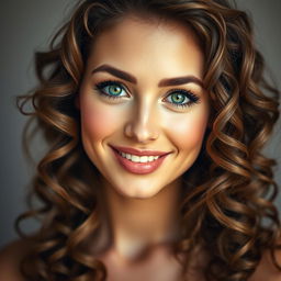 A captivating portrait of a woman with curly brown hair cascading around her shoulders