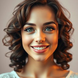 A captivating portrait of a woman with curly brown hair cascading around her shoulders