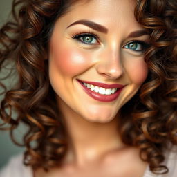 A captivating portrait of a woman with curly brown hair cascading around her shoulders