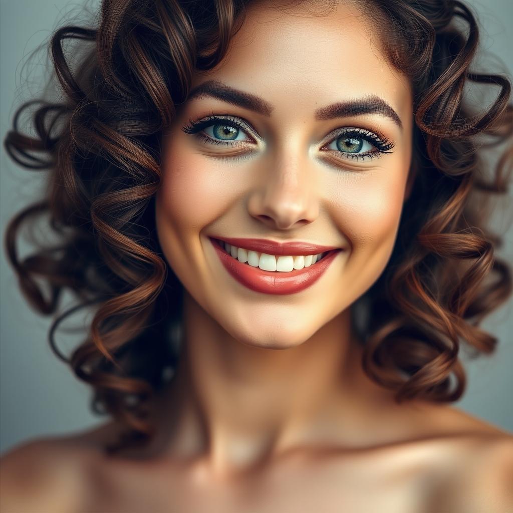 A captivating portrait of a woman with curly brown hair cascading around her shoulders